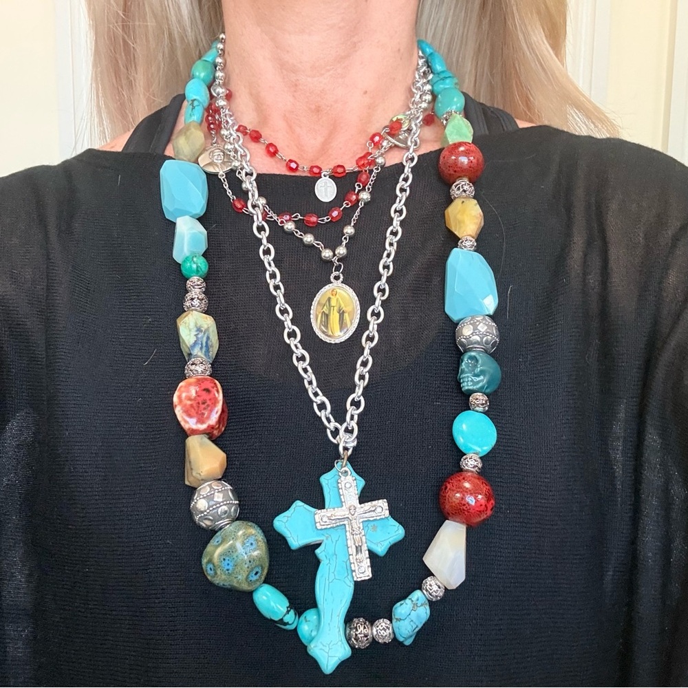 Turquoise Multi-Stone Cross Necklace - Women Jewelry